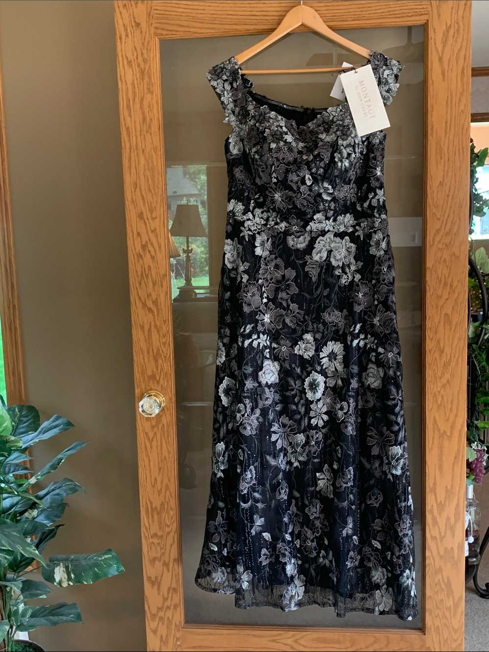 Mon Cheri Black Dress with Silver Floral Embroidery
